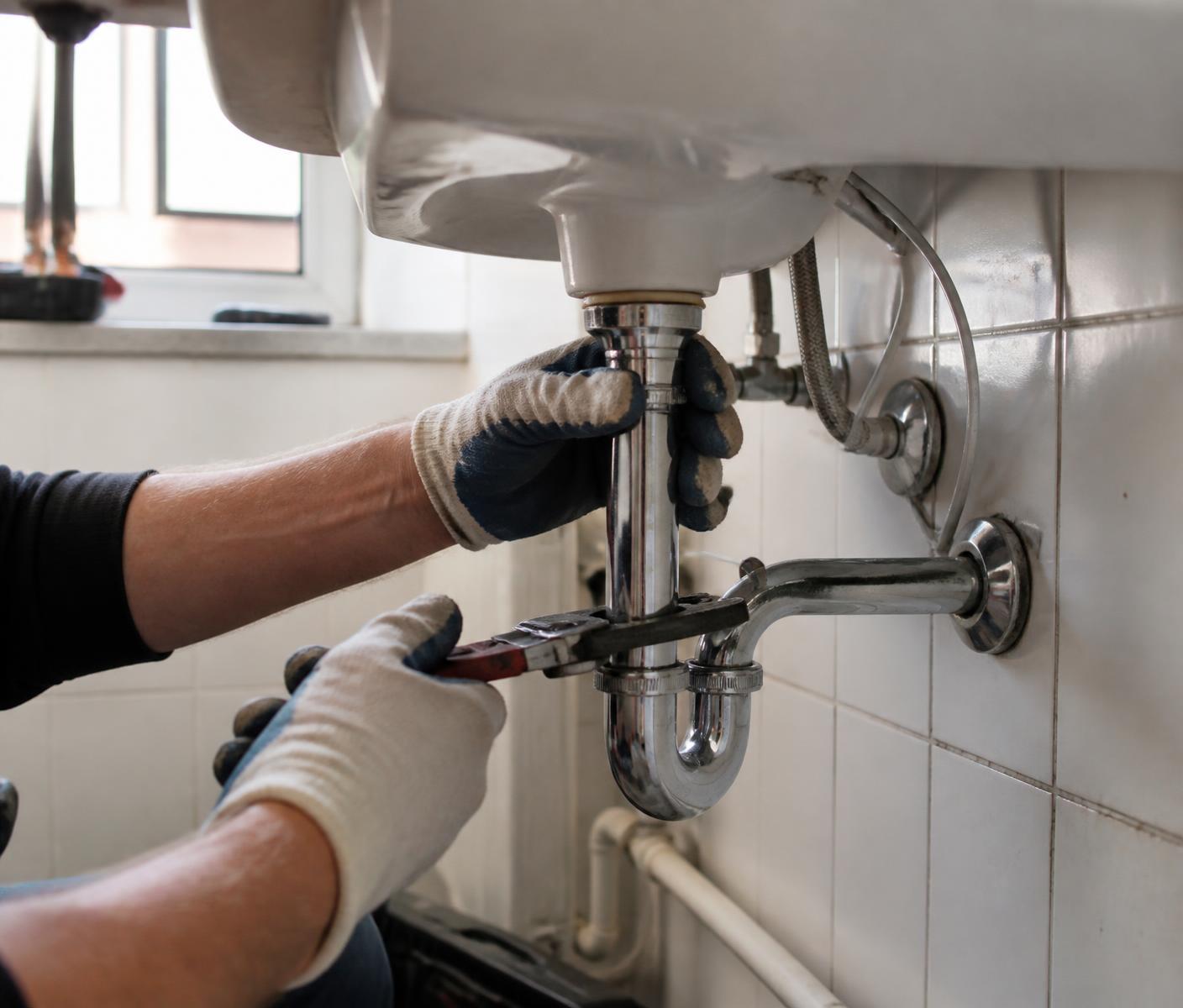 Instalator profesionist reparând sifonul unei chiuvete moderne
